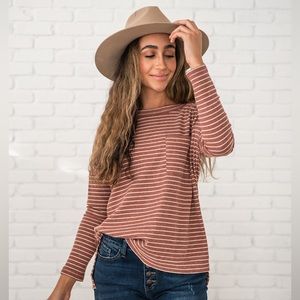 Ribbed Exposed Seam Striped Long Sleeve Shirt, Rust & Ivory, In Loom, Small, NWT
